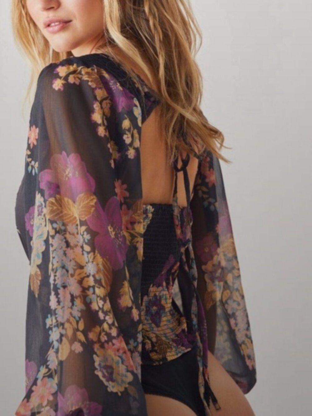 Free People Wanderlust Floral Bodysuit in Black Purple Combo Sz XS - Picture 3 of 8